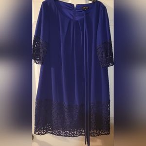 TAHARI ASL Cobalt Blue Dress A-Line Lace Sleeve & Hem w/Tie, Sz 14
